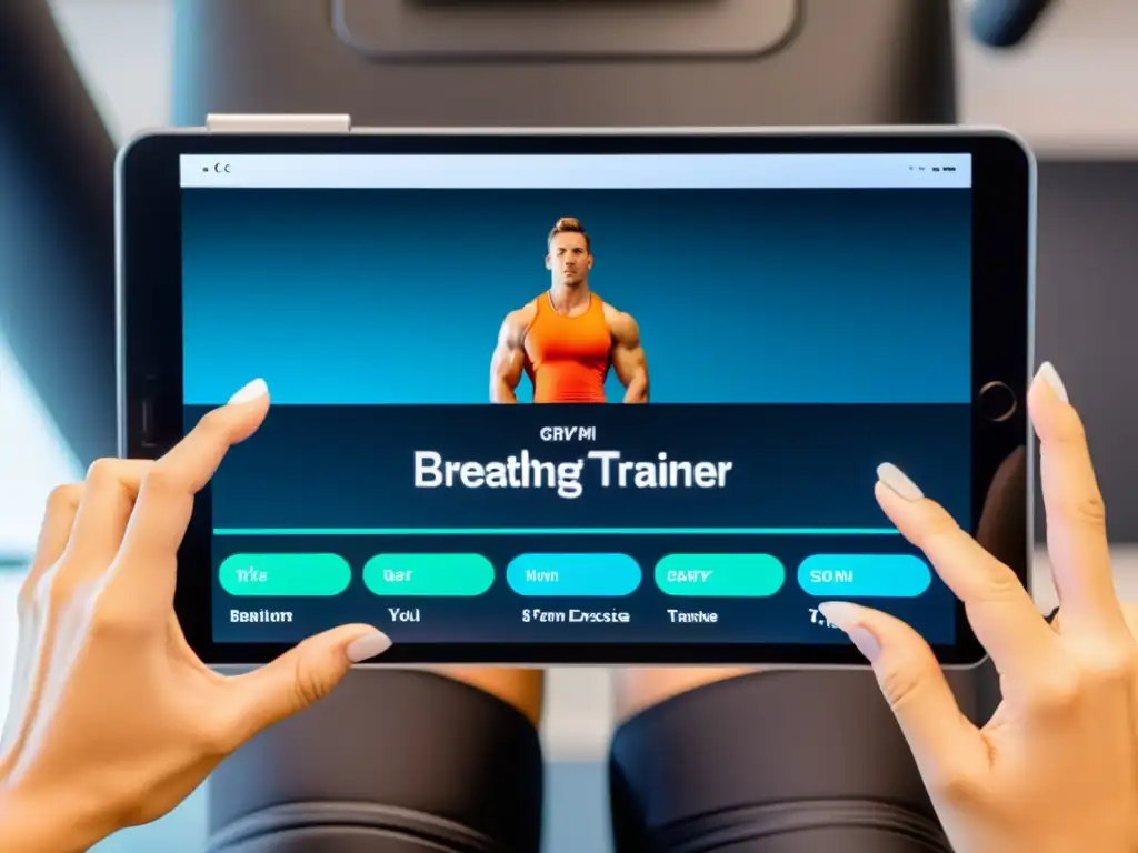 Un entrenador fitness demuestra ejercicios de respiración con una app especializada en una tablet moderna en un gimnasio bien iluminado