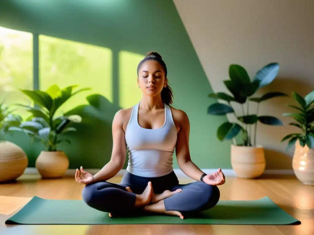 Practicando entrenamiento de respiración diafragmática para sentir calma y bienestar en un estudio de yoga sereno