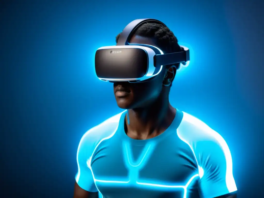 Entrenamiento de respiración en realidad virtual, atleta inmerso en ejercicio guiado por tecnología innovadora y luz azul calmante