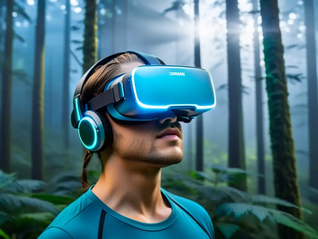 Entrenamiento respiratorio deportivo en realidad virtual con visor futurista y entorno natural inmersivo