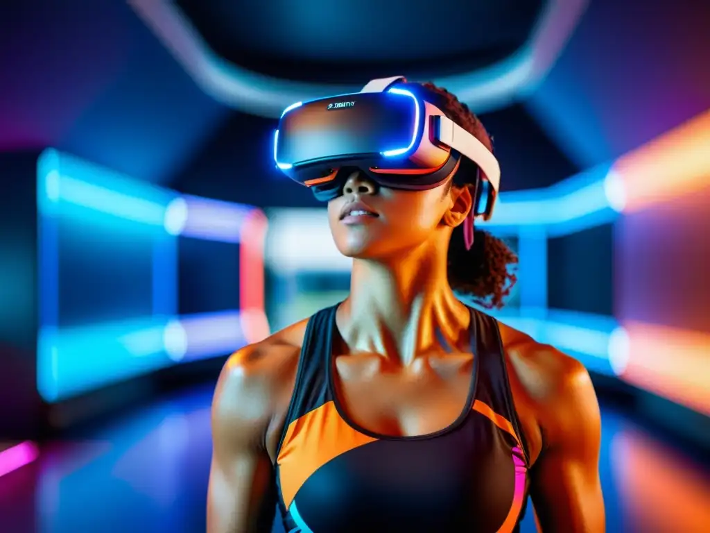 Entrenamiento respiratorio deportivo en realidad virtual: atleta usando VR para ejercicios respiratorios en un entorno futurista y vibrante