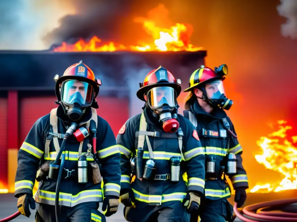 Equipo de bomberos con respiración autónoma frente a incendio