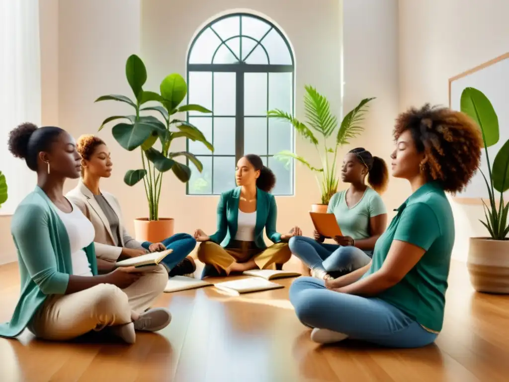 Equipo diverso practicando mindfulness, con luz natural y plantas