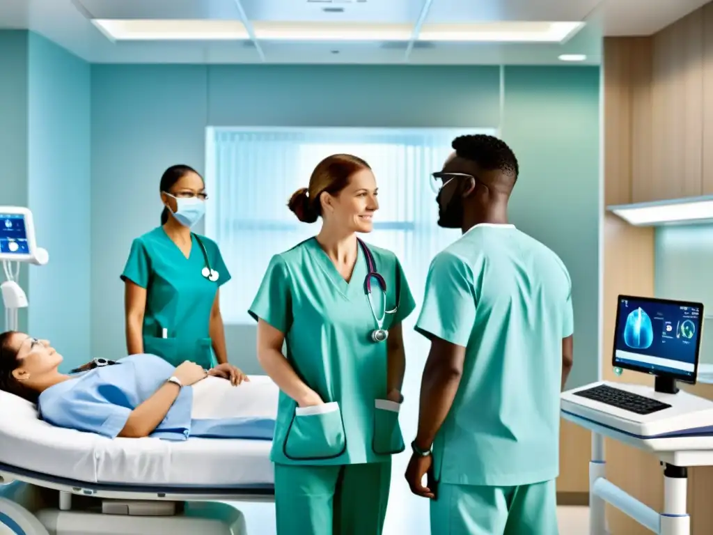 Un equipo diverso de profesionales de la salud en un hospital moderno practicando cuidados respiratorios integrados con tecnología avanzada