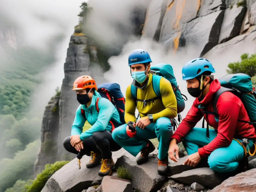 Un equipo de escaladores profesionales, con máscaras de entrenamiento respiratorio, se prepara para escalar una imponente montaña