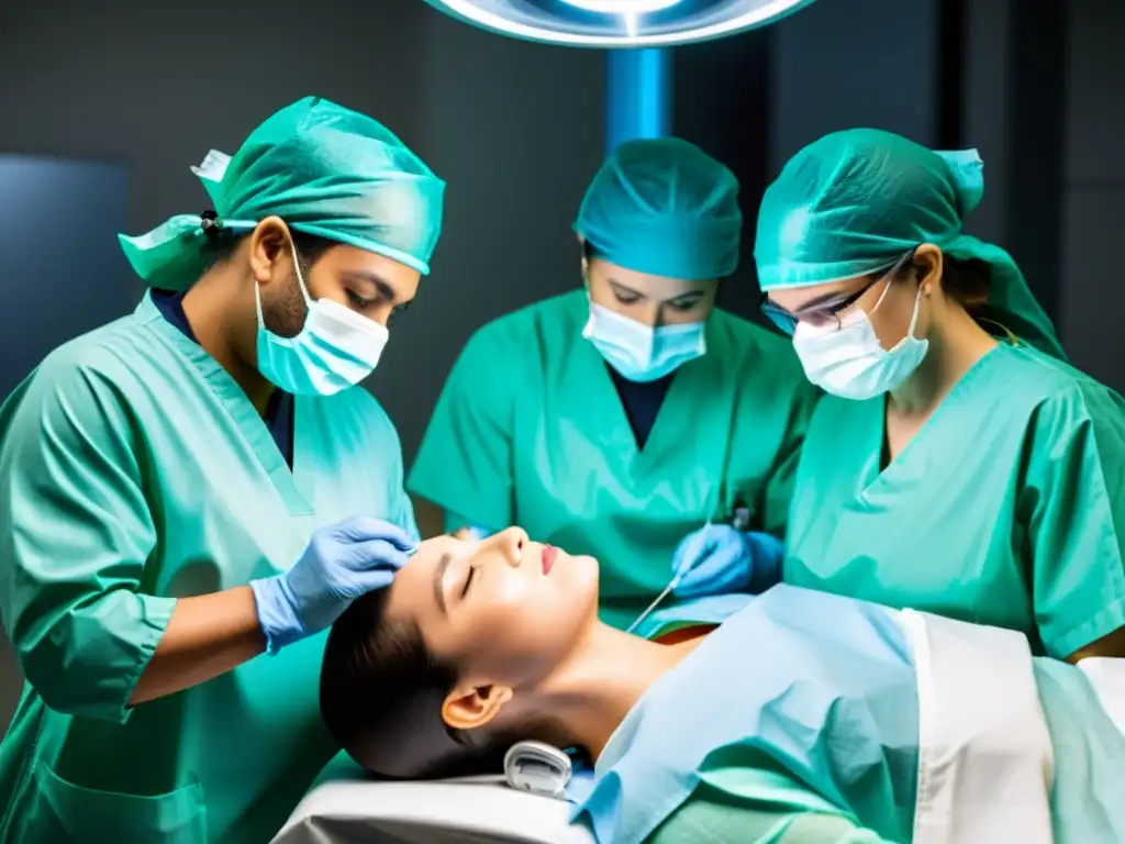 Procedimiento de Intubación: Precisión y Tensión Médica Equipo médico realizando con precisión una intubación difícil en quirófano bien iluminado, demostrando técnicas de manejo de vía aérea difícil