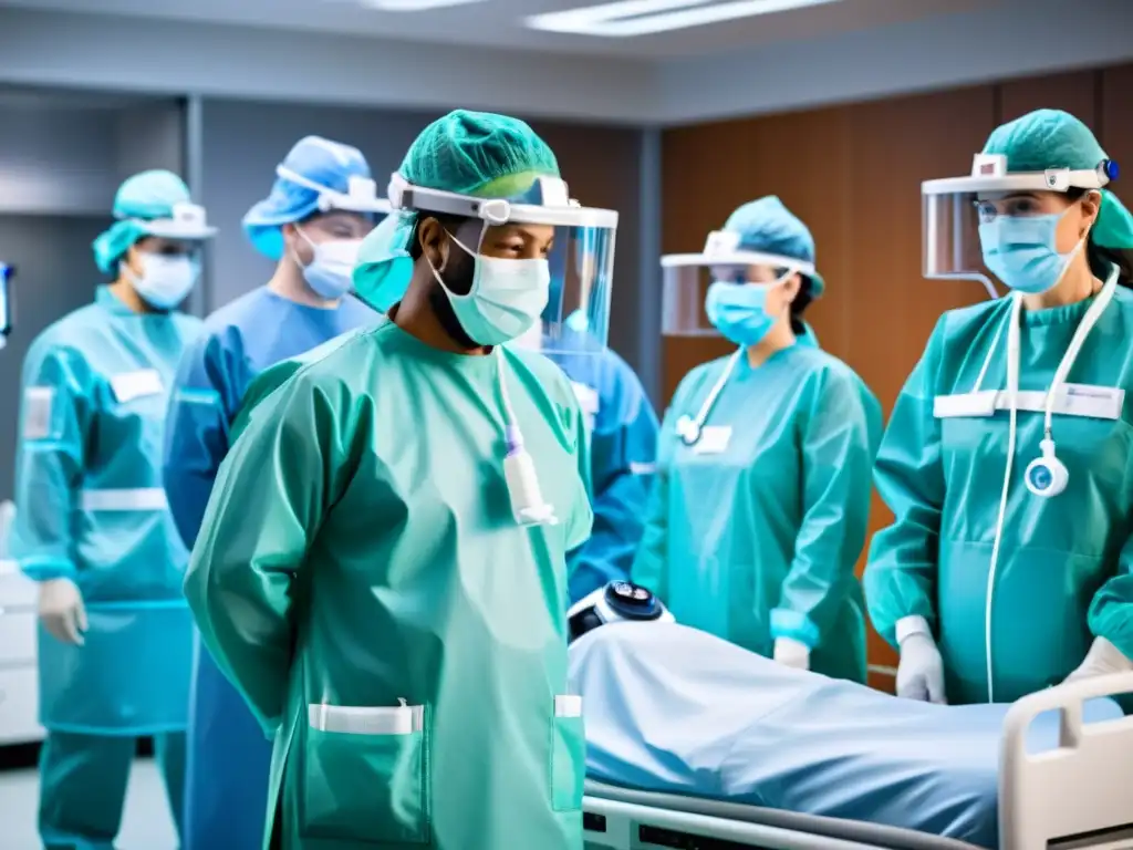 Equipo médico en trajes de protección tratando pacientes con ventilación mecánica de emergencia en una sala iluminada con equipos médicos modernos