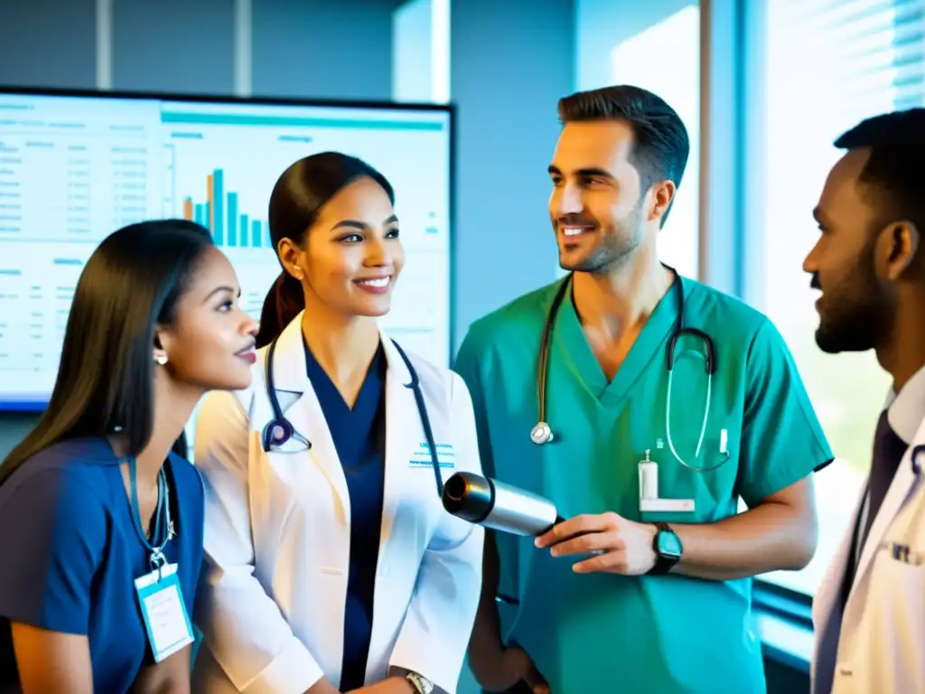 Equipo médico evaluando la función pulmonar con moderna tecnología Un equipo de profesionales de la salud se reúne alrededor de un paciente utilizando un espirómetro para evaluar la función pulmonar