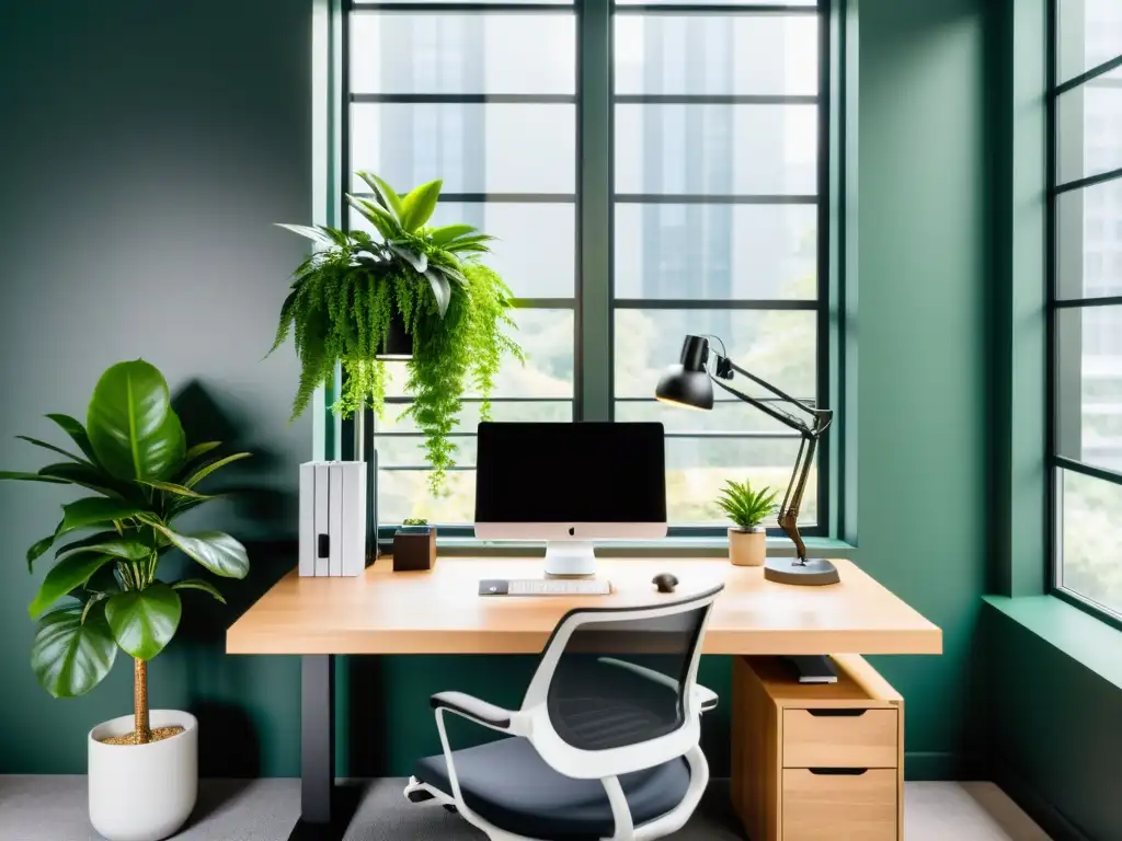 Integrando la ergonomía en descanso laboral: Oficina moderna con diseño ergonómico, luz natural y plantas