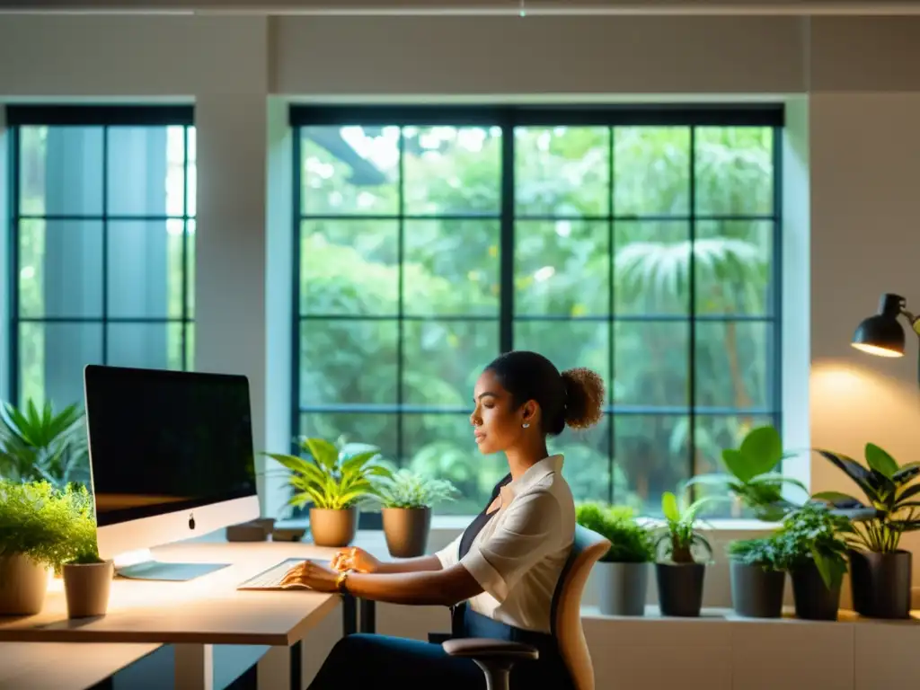 Ergonomía en la estación de trabajo favorece el ciclo respiratorio, ambiente relajado con plantas y luz natural