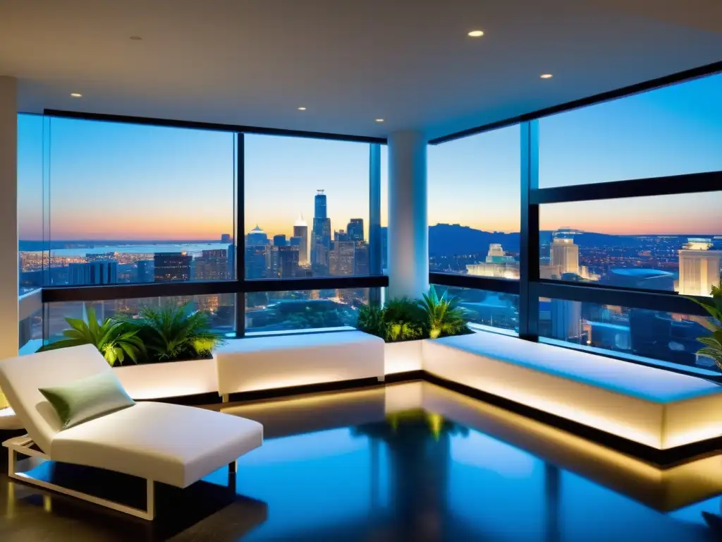Escapadas de bienestar en la ciudad: Spa moderno con vista urbana, decoración minimalista y ambiente relajante