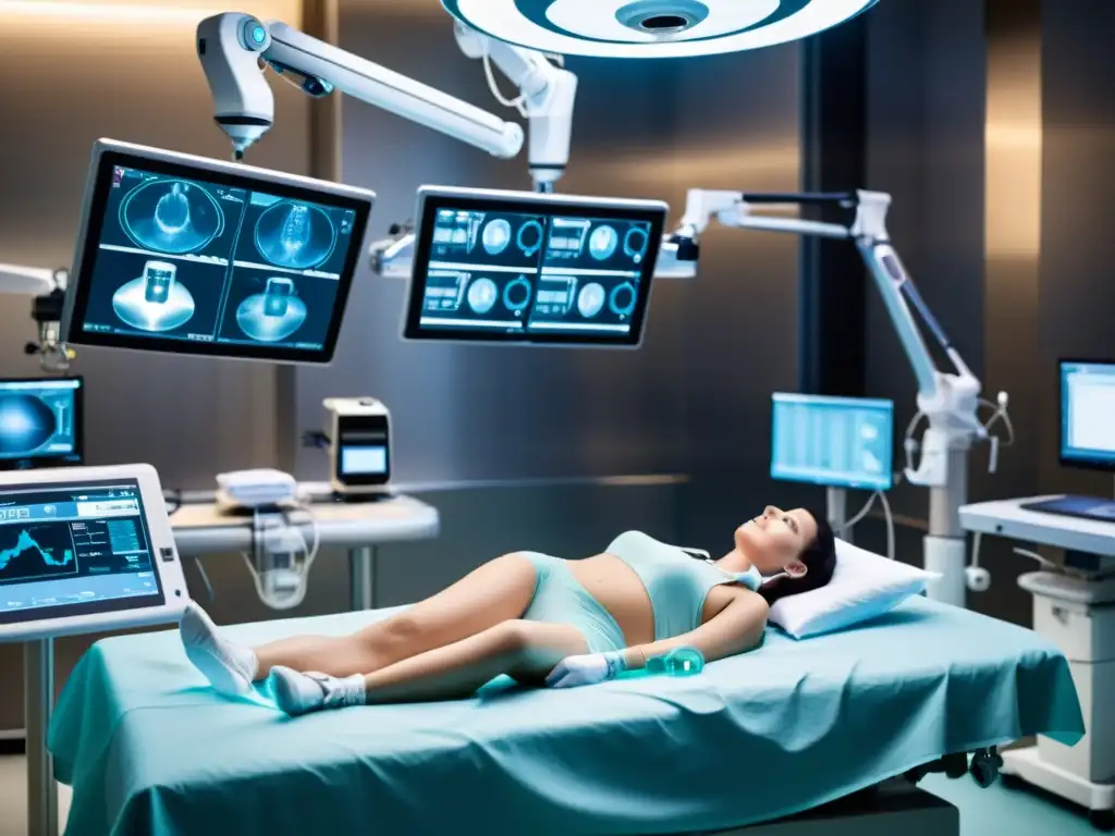 Una escena dramática en una sala de operaciones moderna, con un sistema robótico de vanguardia realizando una cirugía torácica