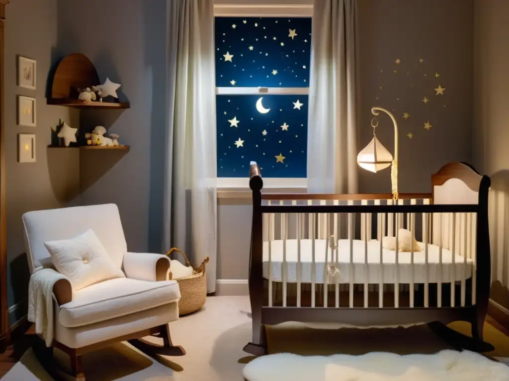 Escena serena en una guardería con luz tenue, cuna, móvil de estrellas, bebé dormido y silla mecedora