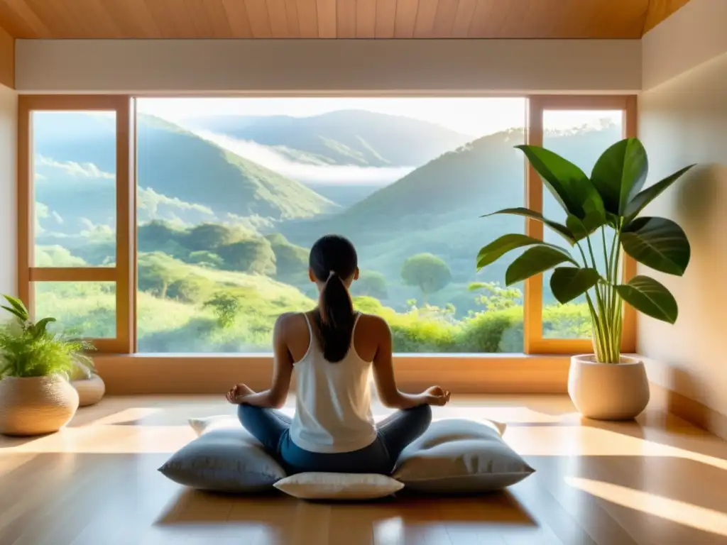 Escena serena de meditación guiada para estrés respiración en un luminoso cuarto con vista a la naturaleza, creando una atmósfera de paz y calma