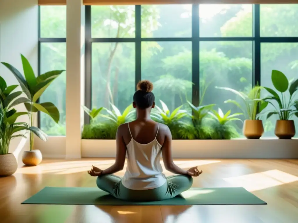 Una escena serena de meditación guiada respiración profunda en un espacio tranquilo, inundado de luz natural y plantas exuberantes