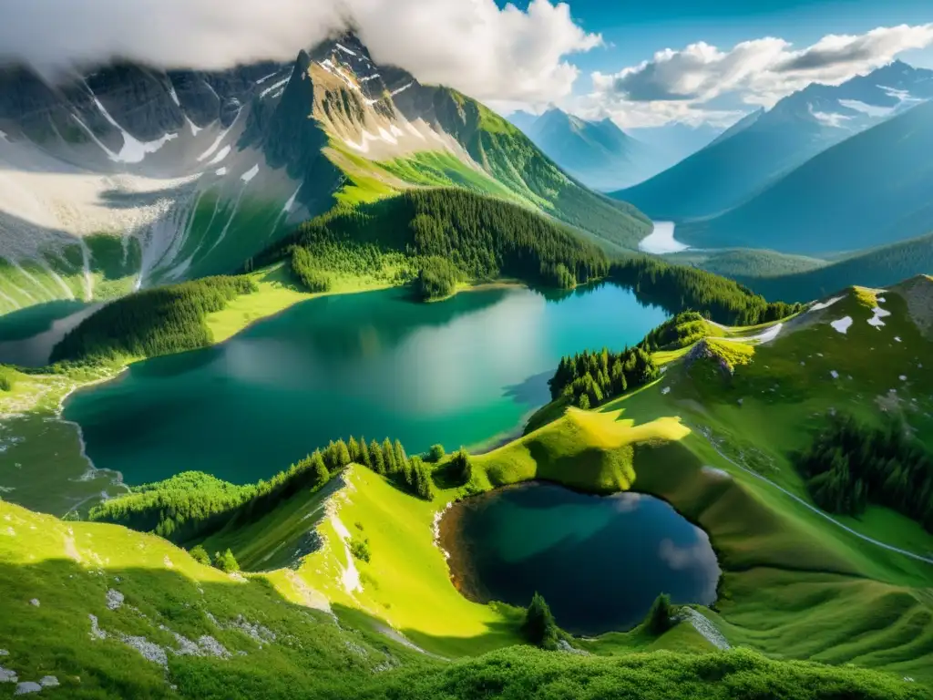 Escena de montaña serena con picos nevados, lago cristalino y una atmósfera tranquila