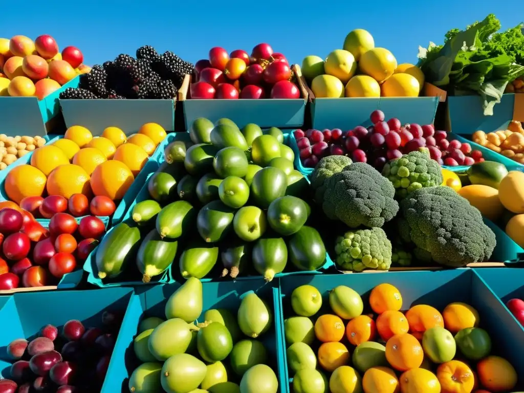 Una escena vibrante en un mercado de granjeros con frutas y verduras coloridas, evocando vitalidad y salud