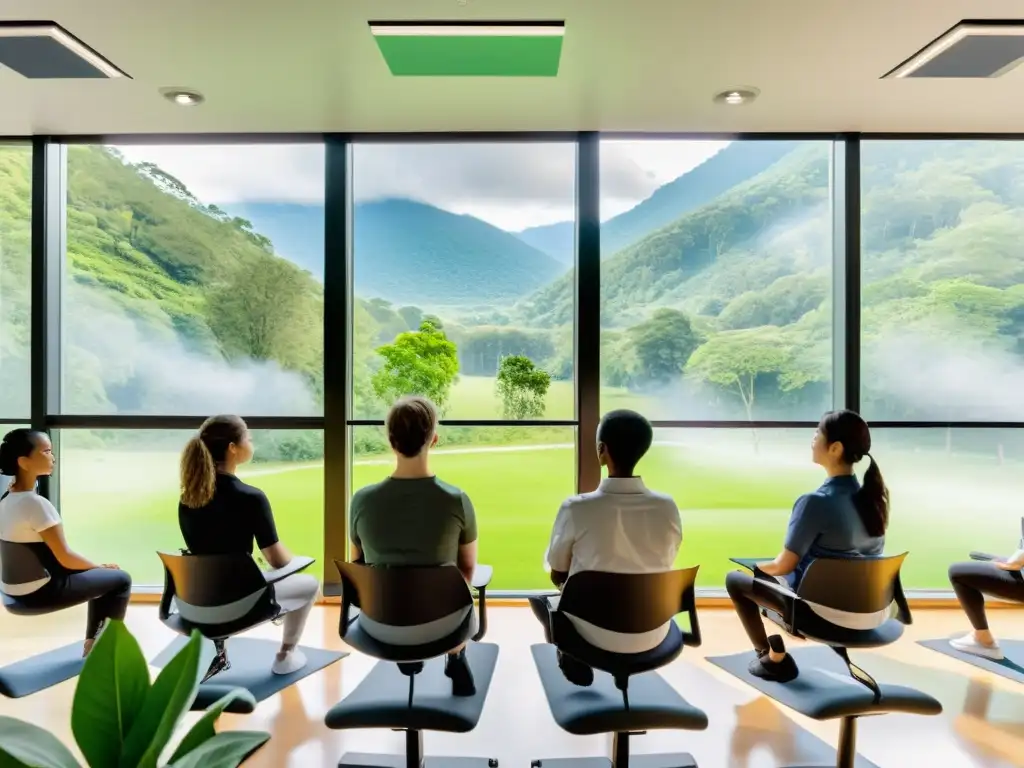 Espacio de aprendizaje sereno con prácticas de respiración y aprendizaje adaptativo online en un aula moderna con vistas a la naturaleza