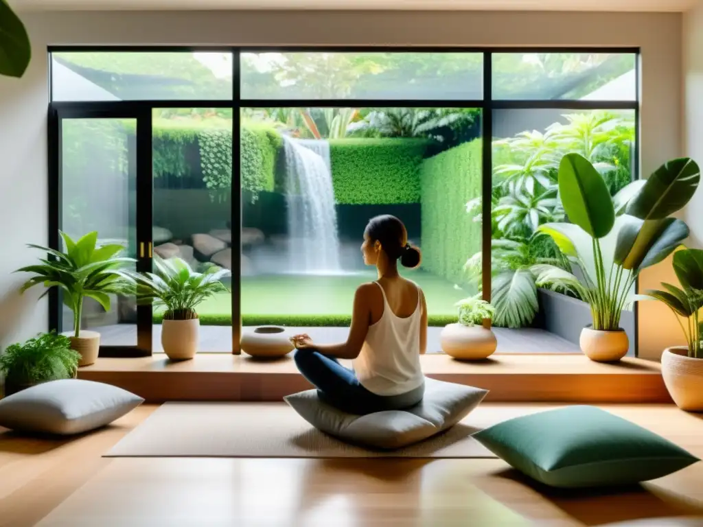 Espacio de meditación con beneficios de la respiración consciente y atención plena en una sala moderna con vistas a un exuberante jardín verde