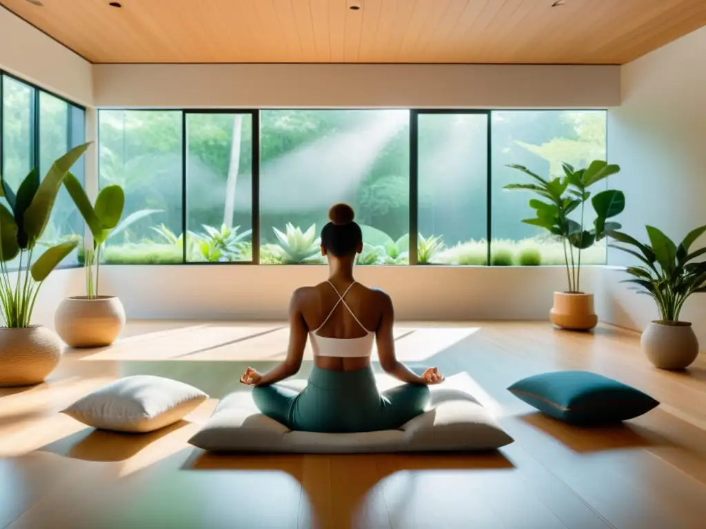 Espacio de meditación con integración de contenidos para mindfulness: ambiente sereno con luz natural, plantas y persona meditando