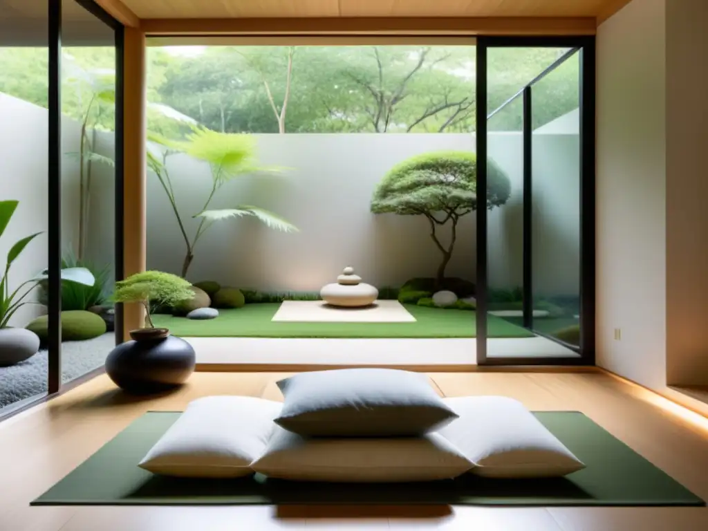 Espacio de meditación zen con almohadón, jardín zen y luz natural, ideal para la respiración en Budismo Zen