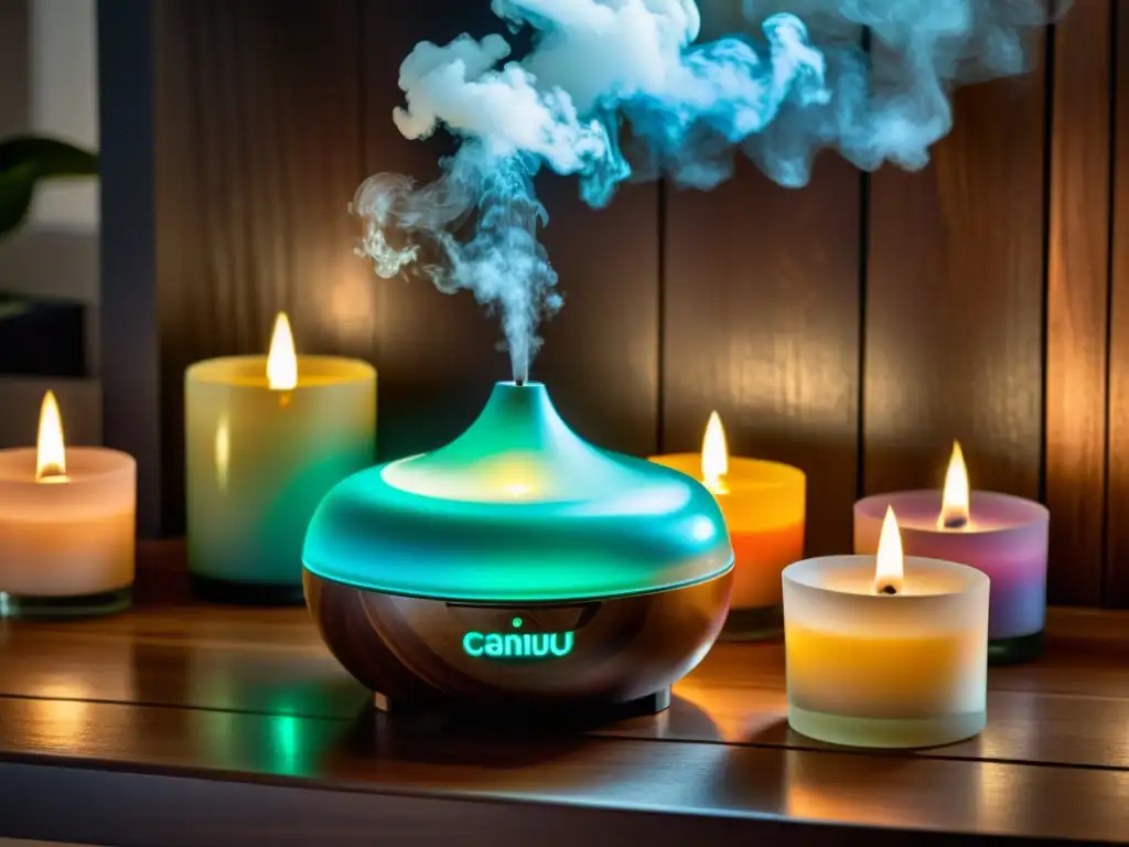 Un espacio moderno y elegante con velas artesanales y un difusor liberando una suave neblina de colores