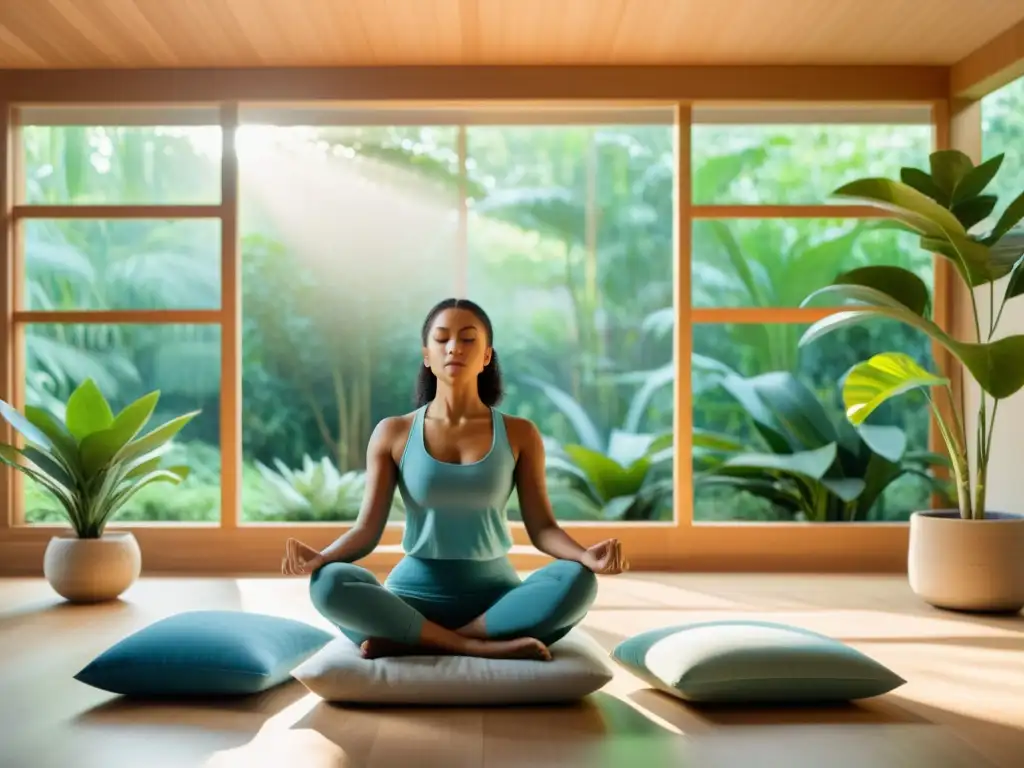 Espacio de meditación moderno con luz natural, persona practicando meditación y respiración