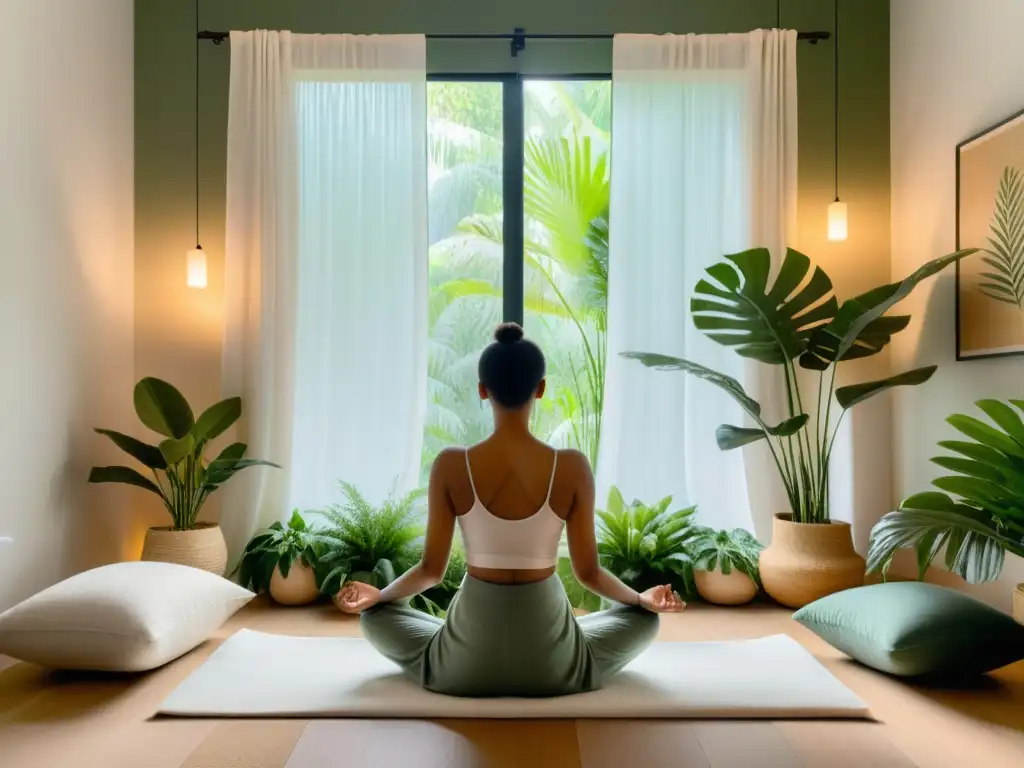 Espacio de meditación moderno con luz natural suave, persona practicando meditación guiada respiración profunda en un ambiente sereno y acogedor