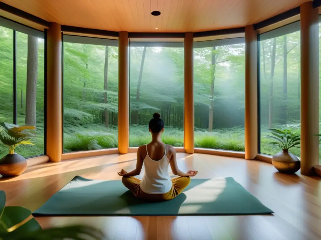 Espacio de meditación moderno en la naturaleza para respiración tranquila