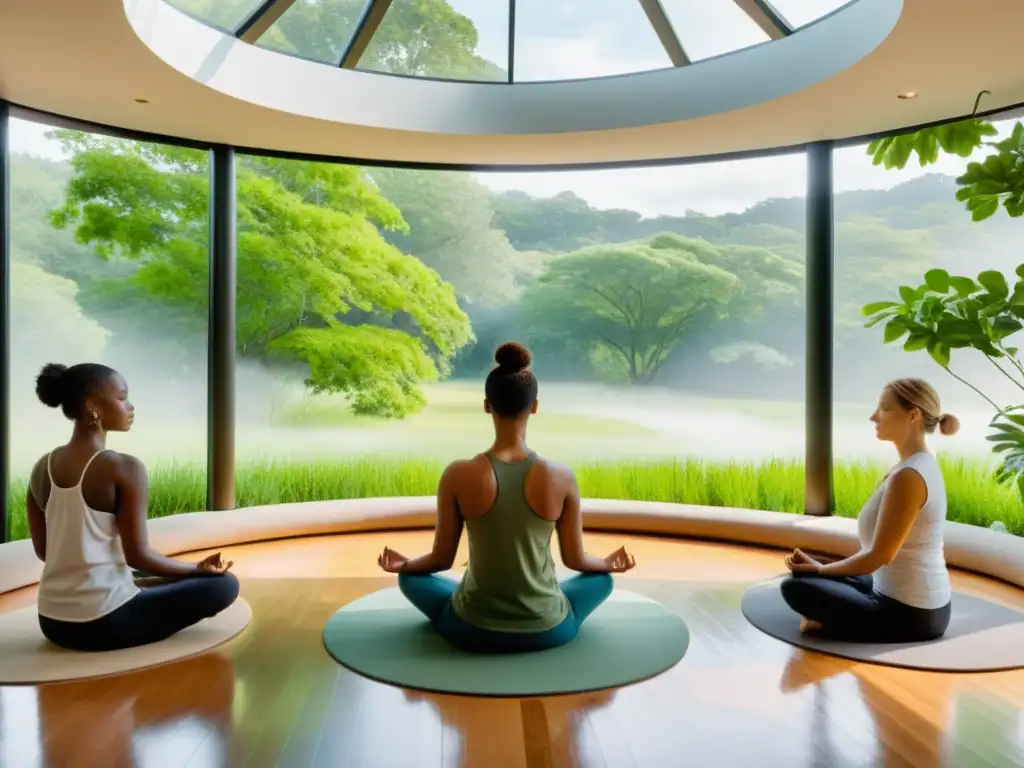 Un espacio de meditación moderno y sereno con amplias ventanas que ofrecen vistas a un paisaje verde