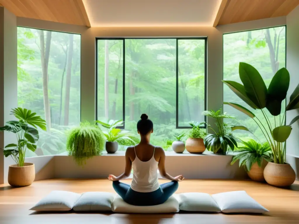 Espacio de meditación moderno y sereno con ejercicios de respiración para concentración en un entorno natural y tranquilo