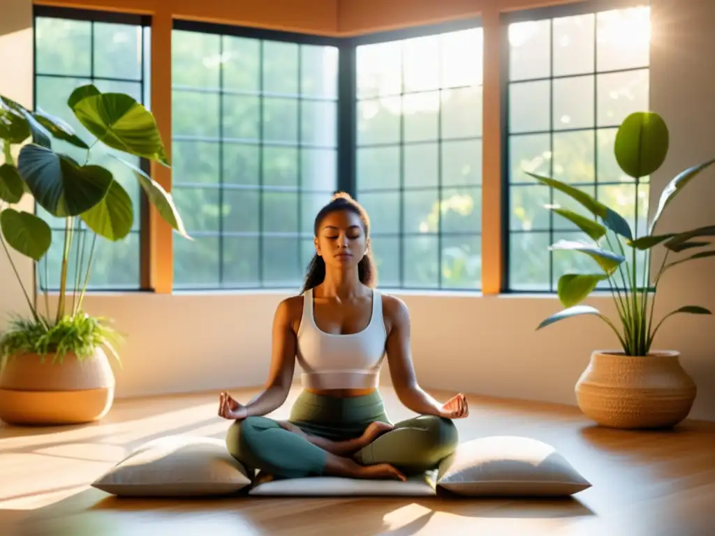 Un espacio de meditación moderno y sereno con luz dorada suave y decoración minimalista