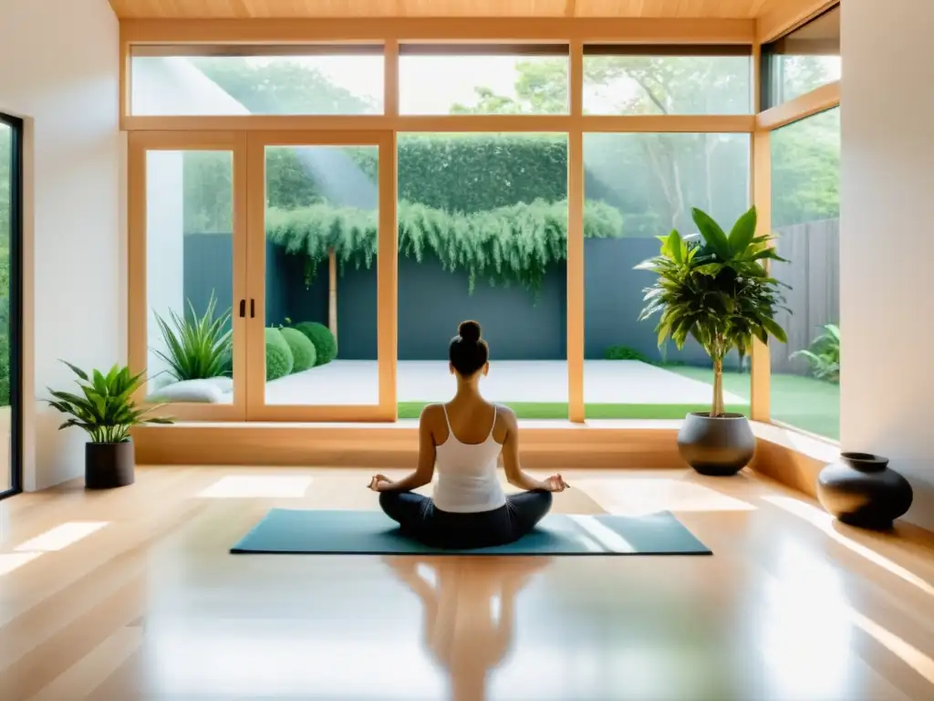 Espacio de meditación moderno y sereno con luz natural y plantas