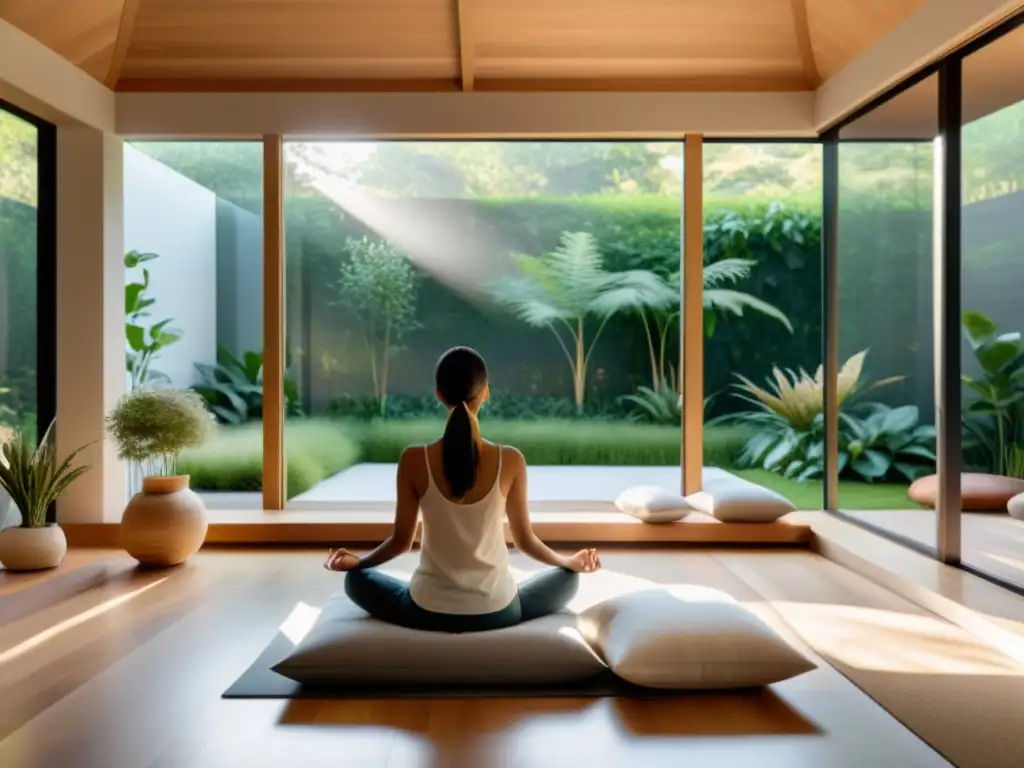 Espacio de meditación moderno y sereno con luz natural y ambiente acogedor para práctica de respiración y meditación para estrés