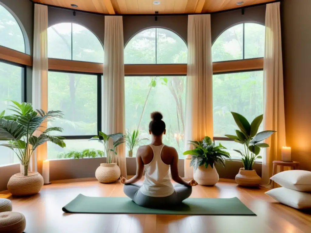 Espacio de meditación moderno y sereno con luz natural difusa y prácticas de respiración para relajación profunda