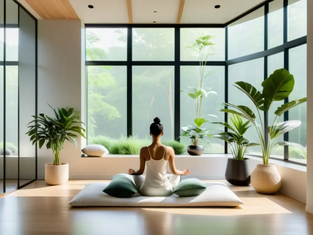 Espacio de meditación moderno y sereno con luz natural, decoración minimalista y cojín de meditación