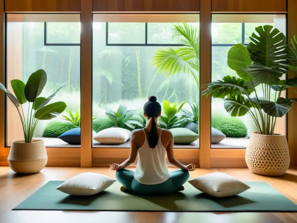 Espacio de meditación moderno y sereno con luz natural, plantas verdes y decoración relajante, promoviendo la respiración sincronizada y el bienestar