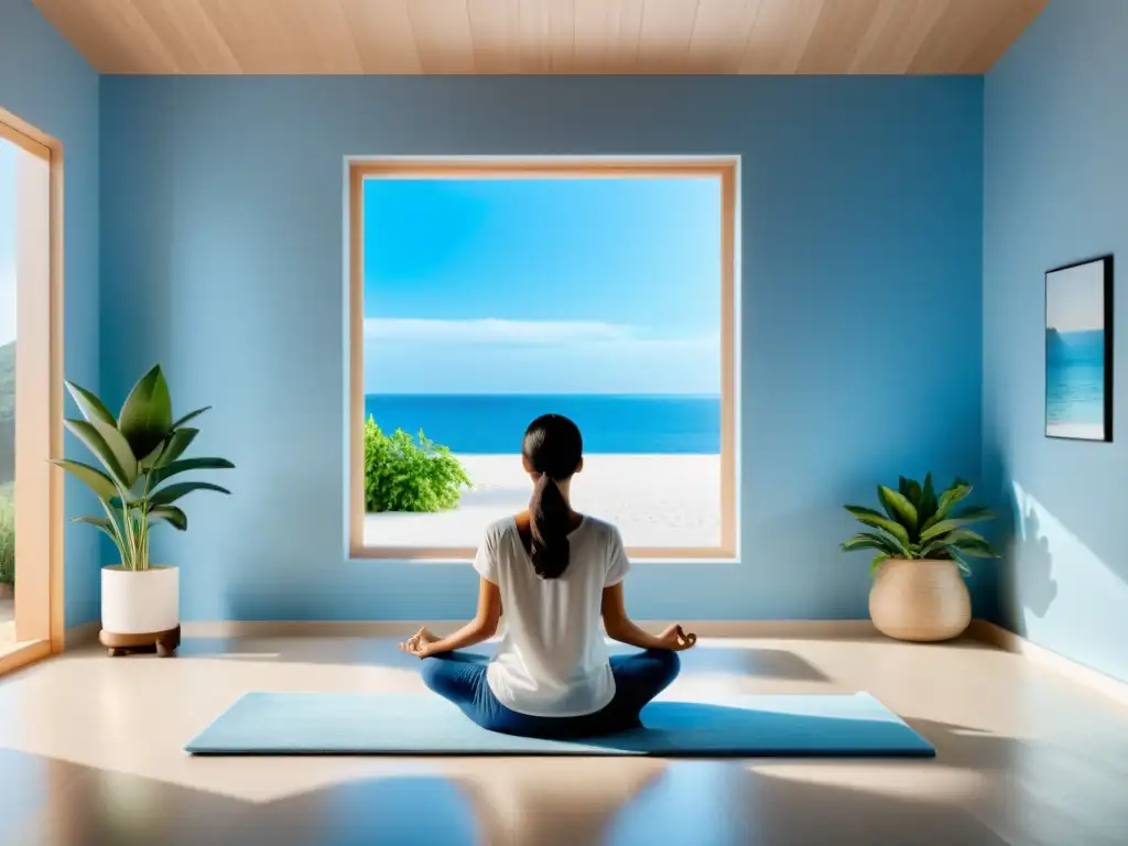 Un espacio moderno y sereno para practicar la meditación, decorado con plantas y acentos en azul