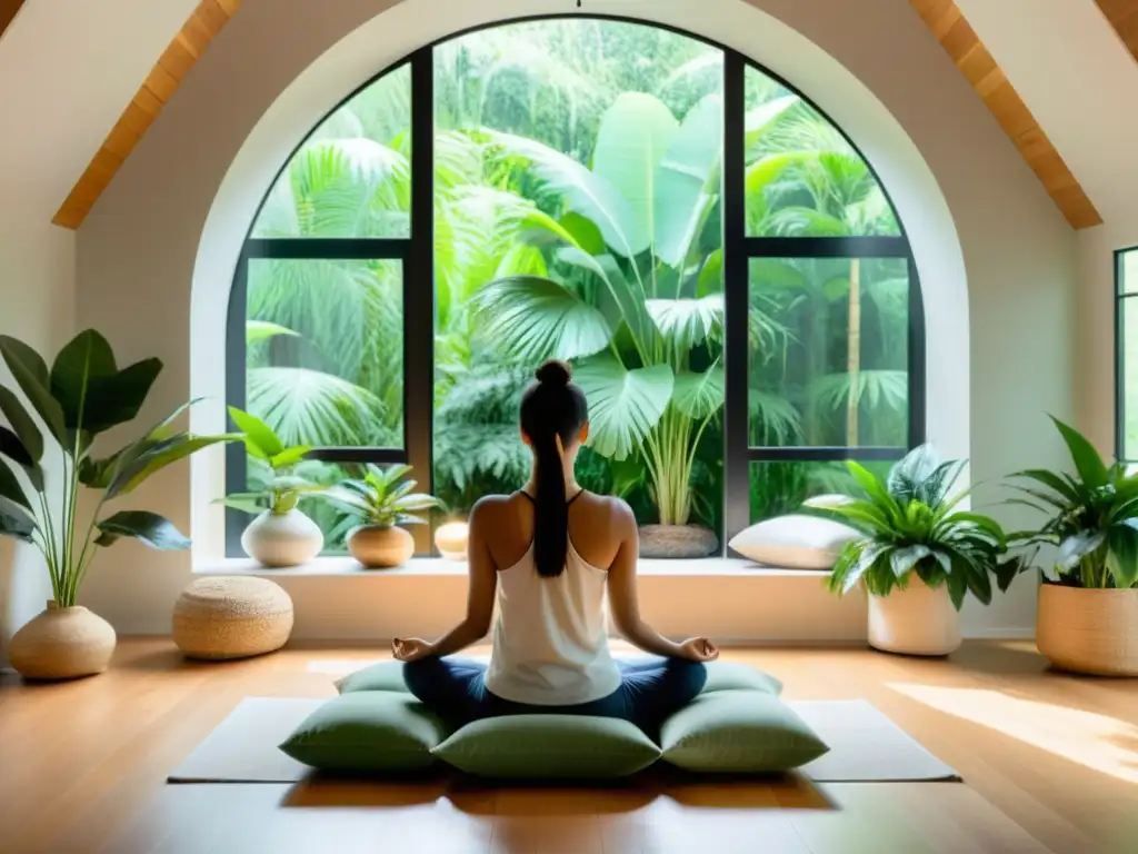 Espacio de meditación moderno y sereno con iluminación natural y plantas exuberantes