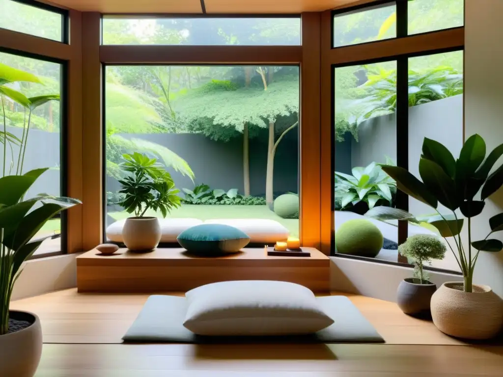 Un espacio de meditación moderno y sereno con vista a un jardín exuberante