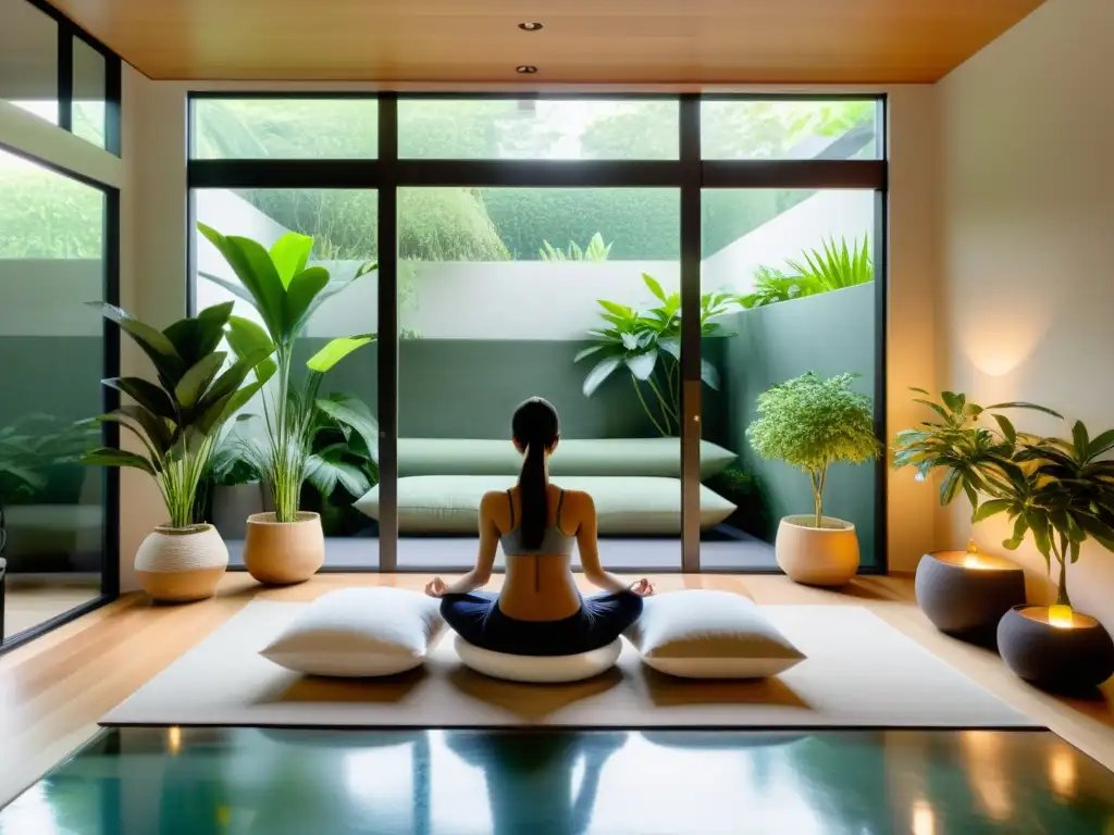 Espacio de meditación moderno y sereno con vista a un jardín tranquilo