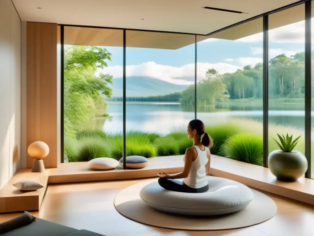 Un espacio moderno y sereno para meditar con vista panorámica a un lago tranquilo rodeado de vegetación