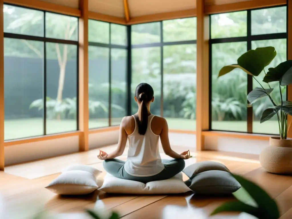 Espacio de meditación moderno y sereno con vista al jardín, ideal para practicar respiración consciente y tratar ansiedad