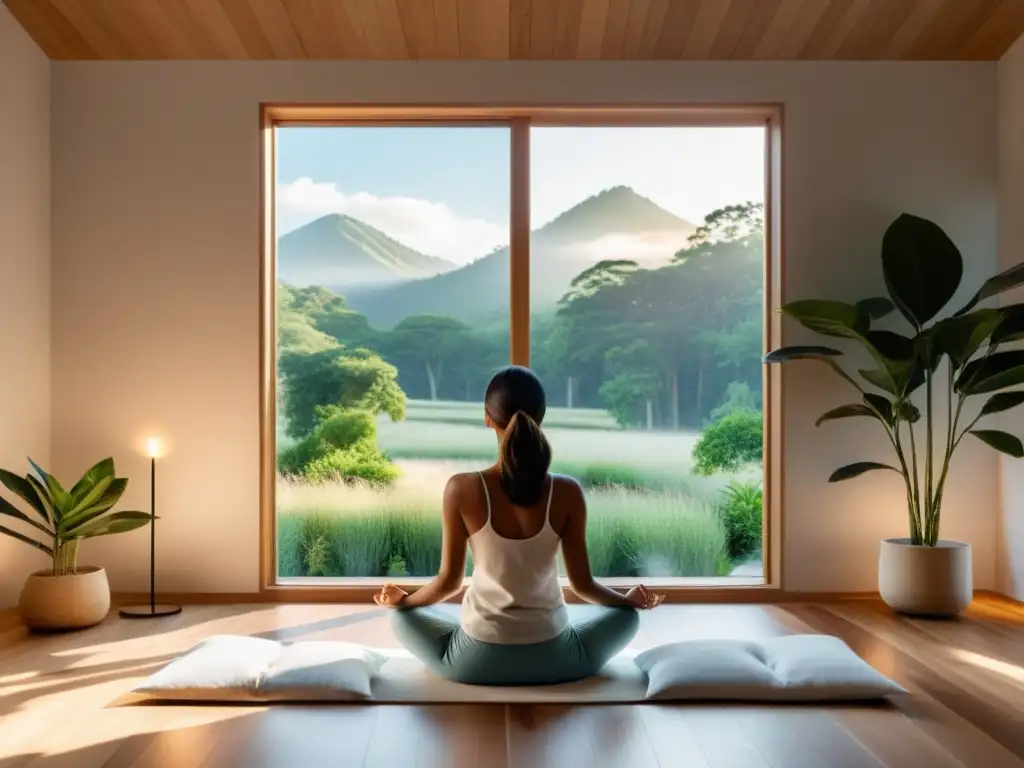 Espacio de meditación moderno y sereno con vista a un paisaje natural, iluminado por luz suave