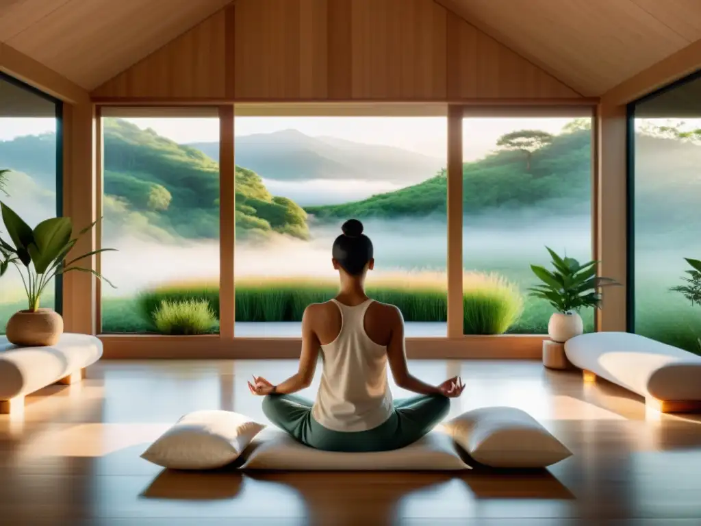 Espacio de meditación moderno y sereno con vista a la naturaleza