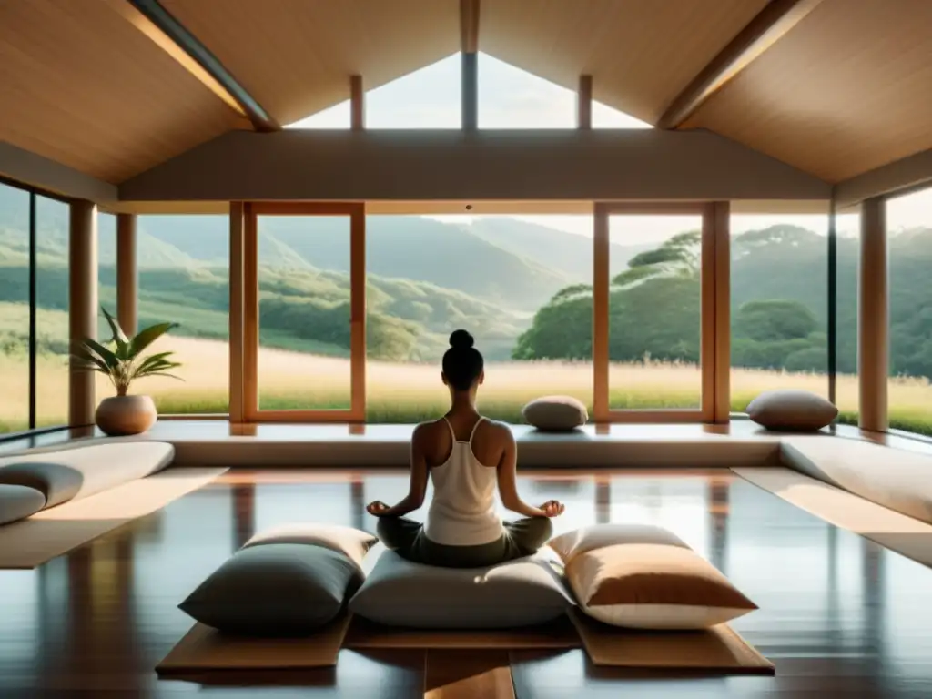 Espacio de meditación moderno y sereno con vista a un paisaje natural