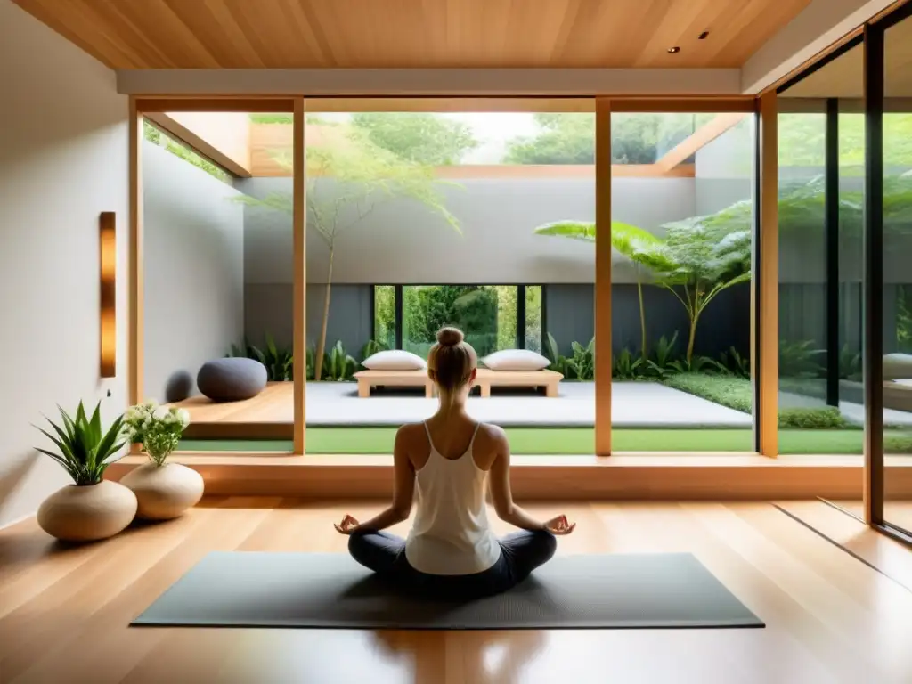 Un espacio de meditación moderno y sereno con vista a un jardín tranquilo