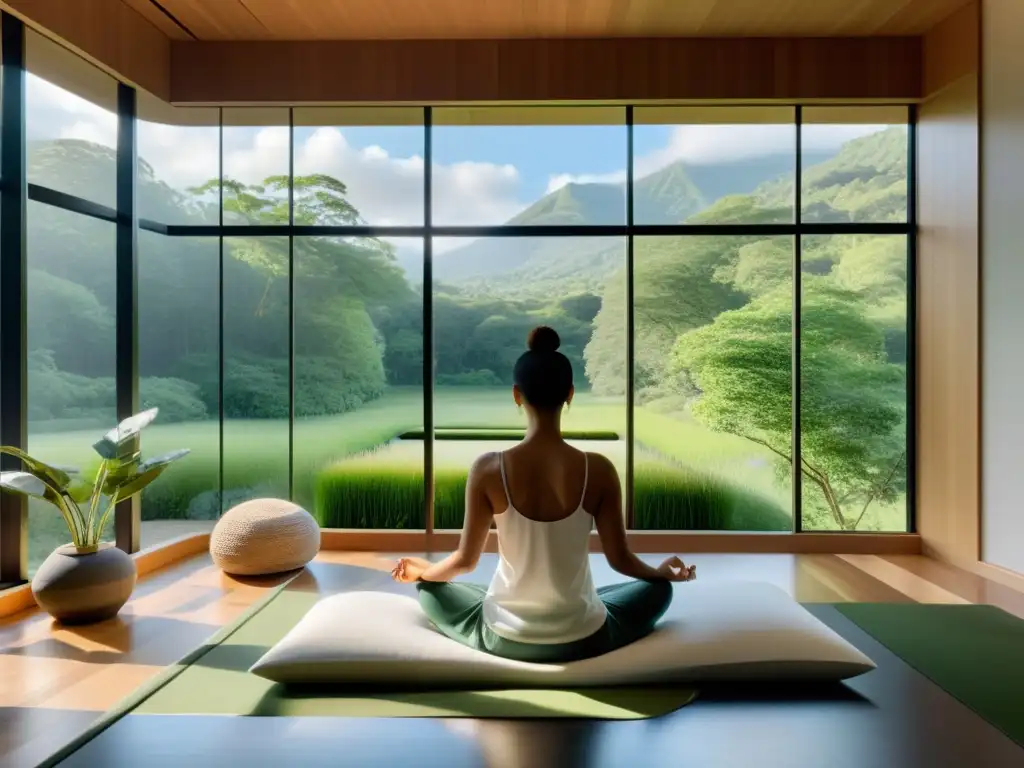 Espacio de meditación moderno y sereno con vista a la naturaleza exuberante, perfecto para lugares de retiro para respiración tranquila