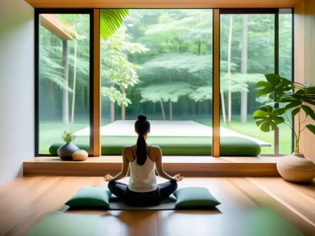 Un espacio de meditación moderno y sereno con vista a un frondoso bosque