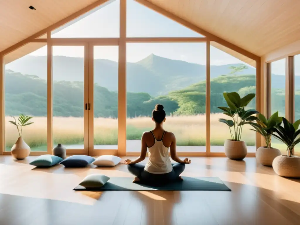 Un espacio de meditación moderno y sereno con vista a la naturaleza, lleno de luz natural y paz